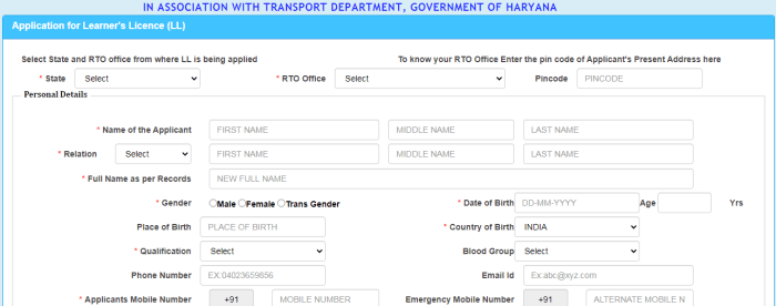 licence application form