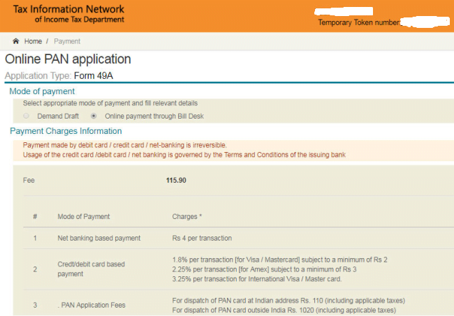 payment for pan application