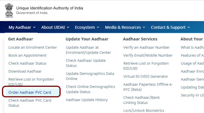 order aadhaar pvc card