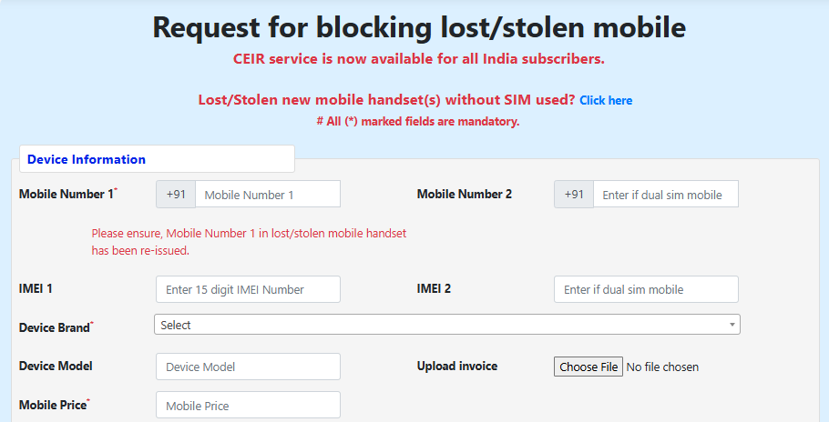 CEIR portal block lost mobile phone IMEI