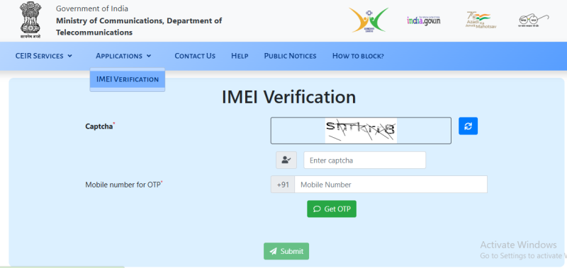 CEIR IMEI verification page on government website for KYM check